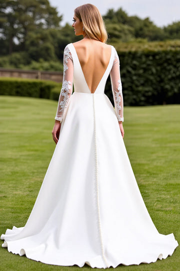 White Appliqued Satin A Line Long Sleeve Wedding Dress